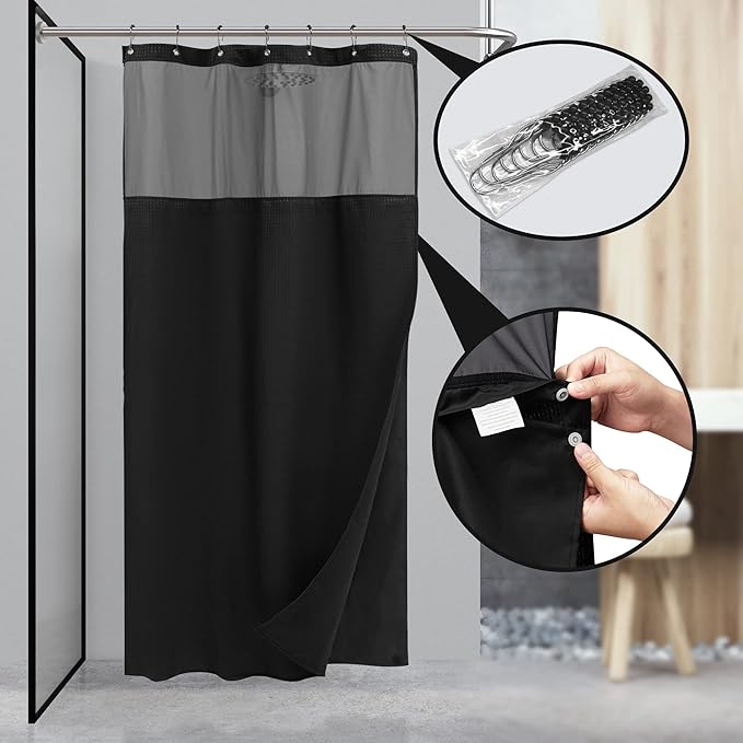N&Y HOME Stall Waffle Weave Shower Curtain with Snap-in Fabric Liner & Hooks Set - 36" x 72" Small Shower Stall Size, Hotel Style & Mesh Top Window, Machine Washable - 36x72, Black