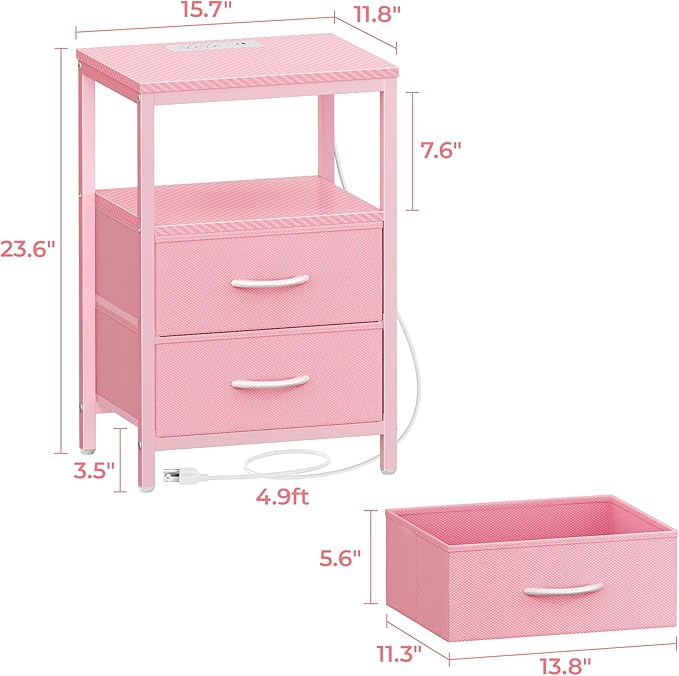 Huuger Nightstand with Charging Station, Side Table with Fabric Drawers, End Table with Open Shelf, Bedside Table with USB Ports and Outlets, Night Stand for Bedroom, Pink