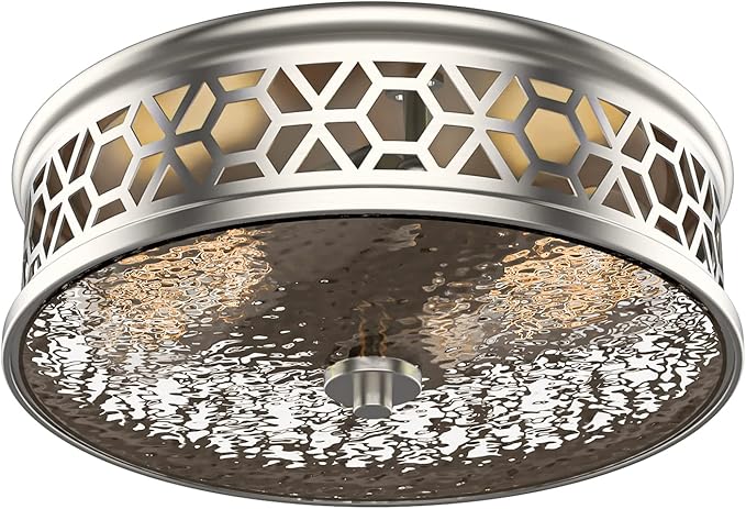 EAPUDUN Flush Mount Ceiling Light, 12 Inch 2 - Light Vintage Ceiling Light with Rippled Glass, Brush Nickel Ceiling Fixture for Hallway Corridor Kitchen Bathroom Bedroom Passway FMA1538-PLN