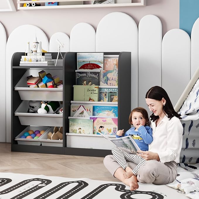 Black Kids Wood Bookshelf Toy Storage Box Organizer Shelf W/4 Removable Plastic Toy Bins Children Bookcase Toddler Baby Sling Book Rack Cabinet Chest Girl Boy Gift Playroom Classroom Bedroom Nursery