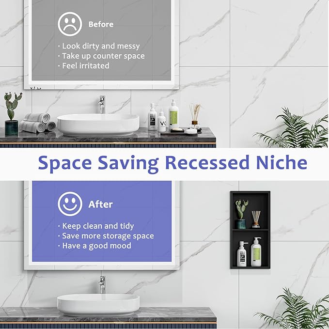 Shower Niche No Tile Needed, 12" X 24"(Inner Size 11"X22.6") Bathroom Niche for Shower Wall, Black Stainless Steel Shower Niche Insert for Bathroom, Recessed 2-Tier Wall Niche Shelf