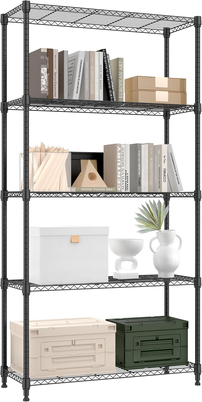 1250 lbs 5 Tier Shelf Metal Storage Shelves Shelving Wire Rack Heavy Duty Closet Organizers for Garage Kitchen Bathroom Laundry Black 13.8" D x 35.4" W x 68.5" H