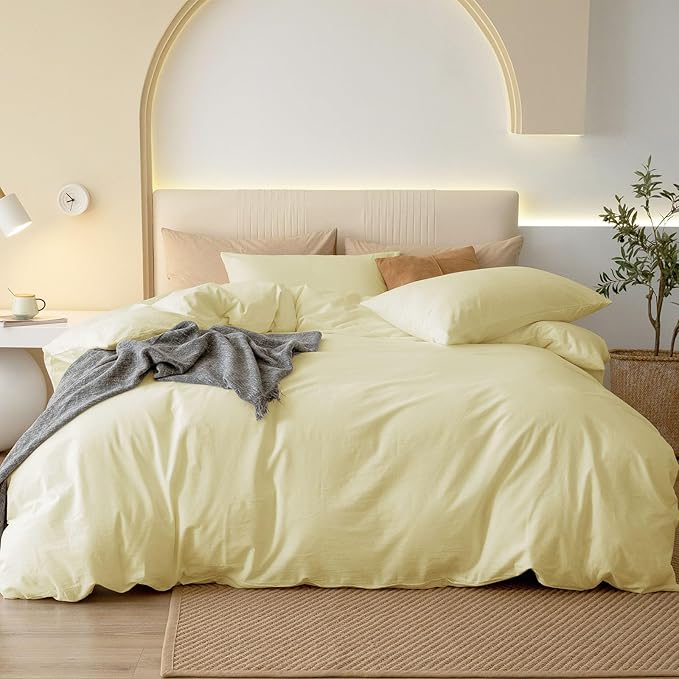 JIYUAN 100% Washed Cotton Duvet Cover Set 3 Pieces Queen, 1 Duvet Cover 90x90 Inches(Comforter Not Included) and 2 Pillowcases,Linen Feel Bedding Set Comfy and Breathable,Light Yellow
