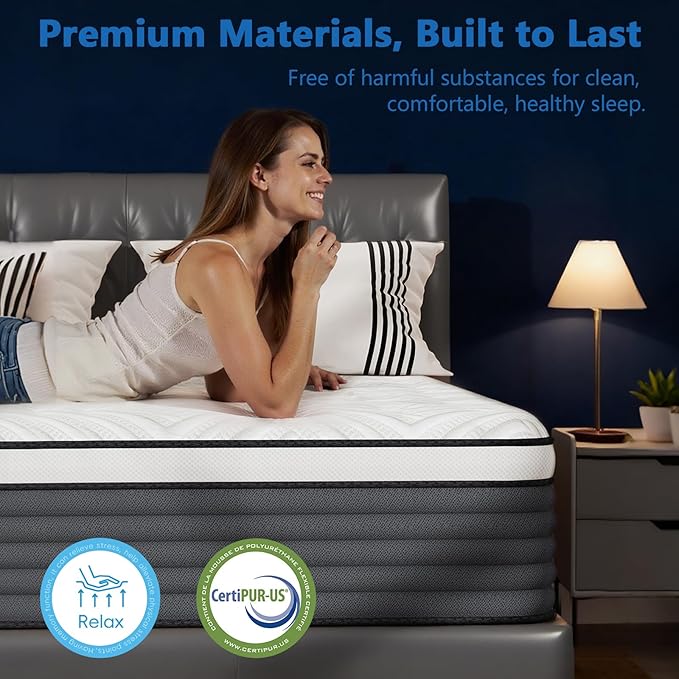 COOLMI Full Size Mattress, 12 Inch Hybrid Memory Foam Mattress in a Box, Pressure Relief for Back Support, Medium Firm, Individually Pocket Springs, 100-Night Trial & CertiPUR-US Certified, Grey Full