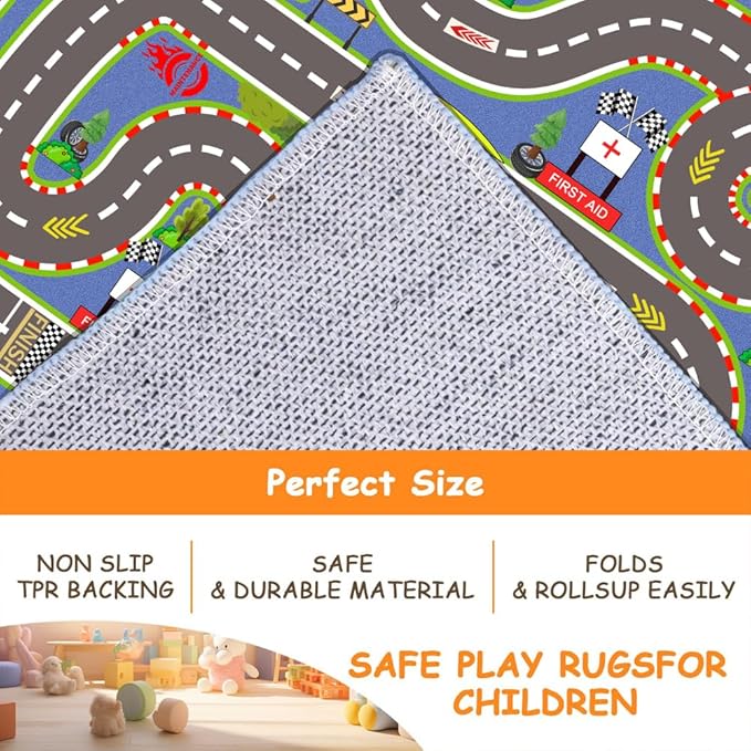 Kids Rug, Race Track Playmat Rugs 118×78 in Kids Carpet with Rubber Backing, Start and Finish line Racing Track Marking Car Road Race 3D Play Mat Nursery Rugs for Children Bedroom Playroom
