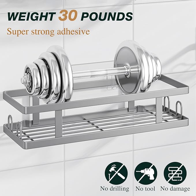 Adhesive Shower Caddy,Shower Shelves with Soap Holder and 12 Hooks,Rustproof No Drilling Bathroom Organizer and Storage,Silver,3 Pack