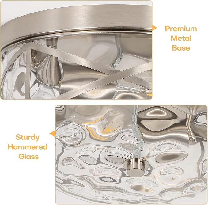 LamQee 9.8" Small Flush Mount Ceiling Light With Clear Hammered Glass, Brushed Nickel Hallway Light Fixtures Ceiling Mount for Bathroom, 2-Lights Farmhouse Close To Ceiling Light Kitchen Foyer Bedroom