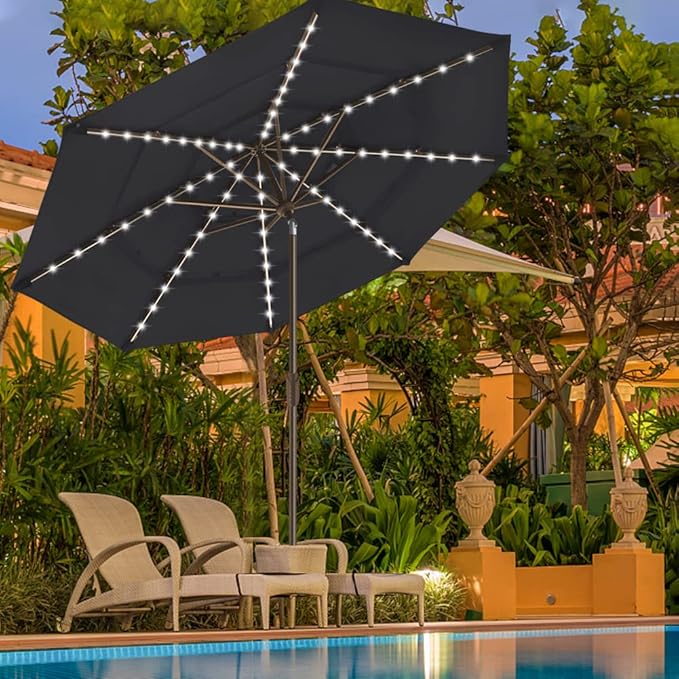 EliteShade USA 10-Year-Non-Fading Solar 9ft 3 Tiers Market Umbrella with 80 LED Lights Patio Umbrellas Outdoor Table with Ventilation,Black