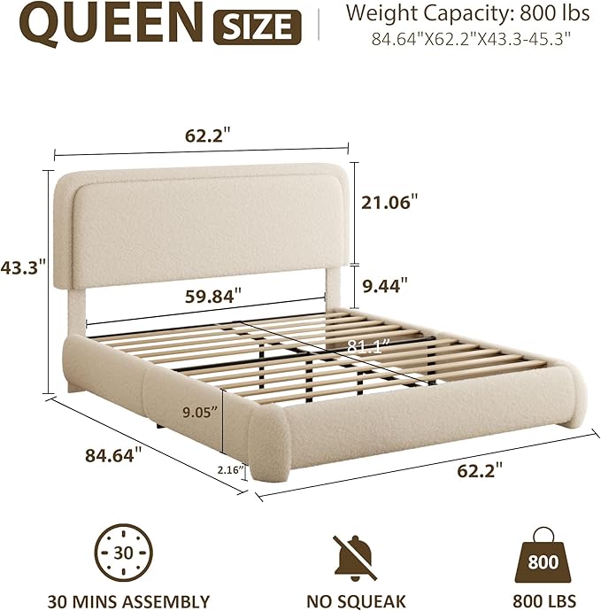 Queen Bed Frame, Teddy Velvet Boucle Bed Frame with 43.3"/45.3" Adjustable Upholstered Headboard, Rounded Corners, Mattress Foundation, No Box Spring Required, Beige