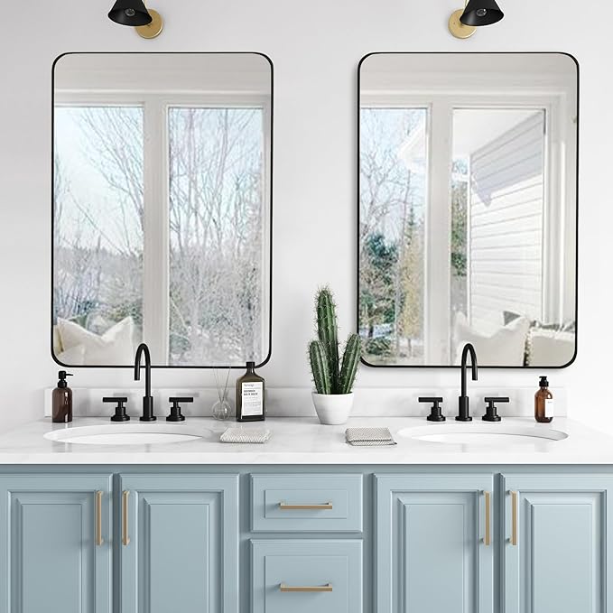 24x36 Inch Black Bathroom Wall Mirror, Modern Rectangle Mirrors with Tempered Glass for Bedroom Living Room or Entryway Horizontal/Vertical Hanging