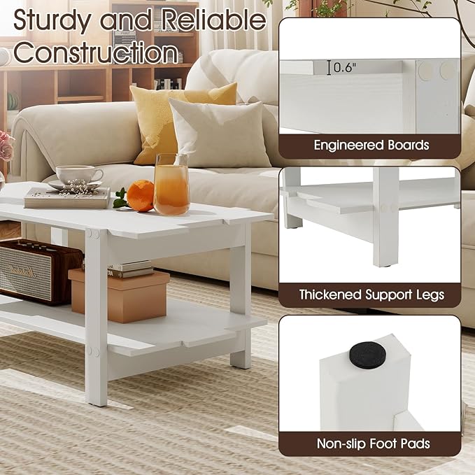 GOFLAME Wood Coffee Table with Storage, 2-Tier Irregular Center Table with Open Storage Shelf, Modern Accent Tea Table for Living Room, Home Office, Reception Room (White)