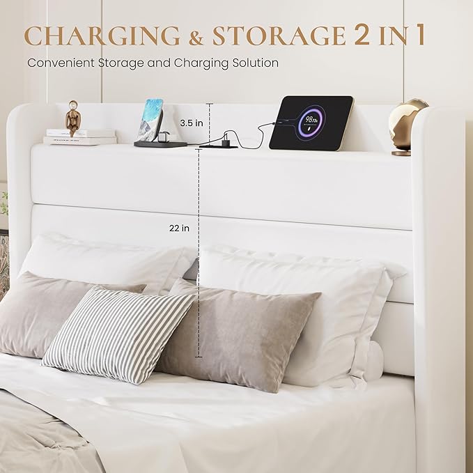 SHA CERLIN Full Size Bed Frame with Charging Station, Velvet Upholstered Platform Bed, Wingback Storage Headboard, Type-C & USB Ports, Strong Wooden Slats, No Box Spring Needed, Easy Assembly, White