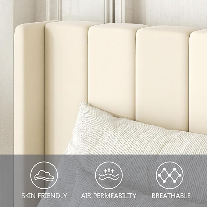 Full Size Bed Frame with Upholstered Wingback Headboard, Easy Assemnly Platform Bed, Wooden Slat Support No Box Spring Needed, Cream