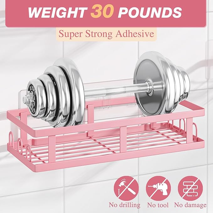 Shower Caddy Adhesive,No Drill Bathroom Organizer,Large Capacity Rustproof Shelves for Inside Shower,Bathroom Organizers and Storage,Pink