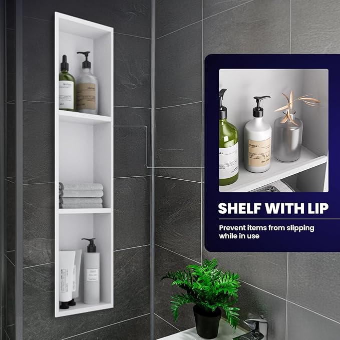 Stainless Steel Shower Niche 8" x 36", 3-Tier Shower Niches No Tile Needed, Recessed Niche for Shower Wall, Shower Niche Shelf for Bathroom Storage, White