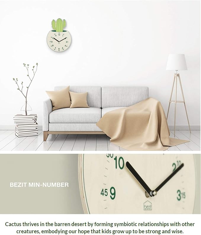 Silent 11-Inch Wall Clock for Indoor, Office, Home, Baby Room - Non-Ticking, Decorative, Modern, Kid-Friendly, Cactus (Green Cactus)