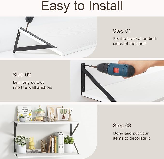 Floating Shelves 55 Inch Long, 10" Deep Floating Shelves, White Wall Shelves 55 x 10, Set of 2, Wide Large Display Storage Shelves for Bathroom, Living Room, Rustic Wood Shelves with Brackets