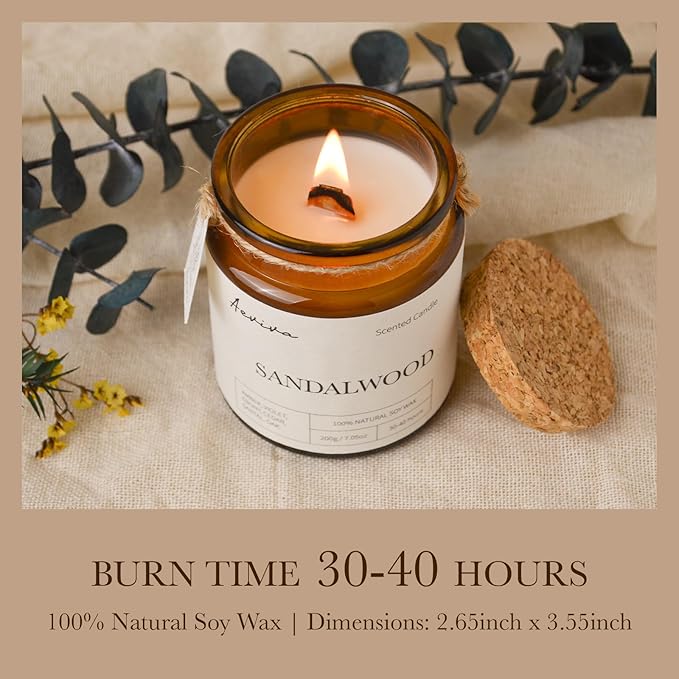 Scented Candle, 7.05 oz Sandalwood Aromatherapy Candle, Natural Soy Wax with Wooden Wick, Candles for Home Scented, Stress Relief Amber Jar Candle Gifts
