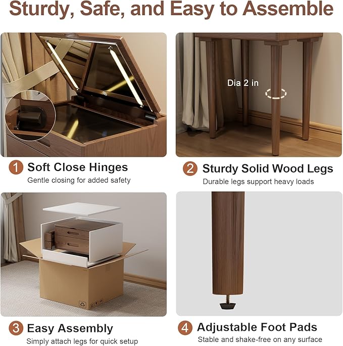 Solid Wood Small Vanity Desk with Mirror and Lights, Narrow Makeup Vanity for Small Space, Flip Top Vanity Side Table, 3 Color Modes & Adjustable Brightness, 19.6" Slim Dressing Table, Walnut