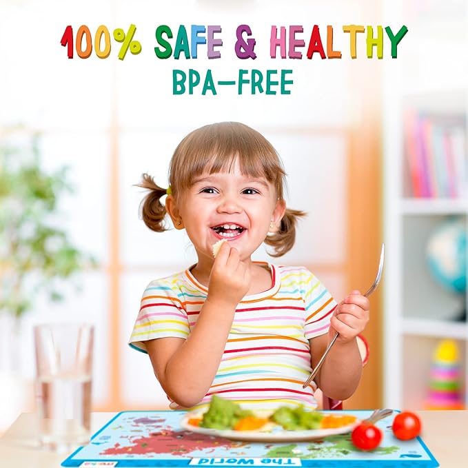 Merka Placemats for Kids, 4 Pack Educational Placemats for Dining Table, No-Slip, Washable, Reusable, Learning Solar System, Human Body Chart, World Geography, and USA Map