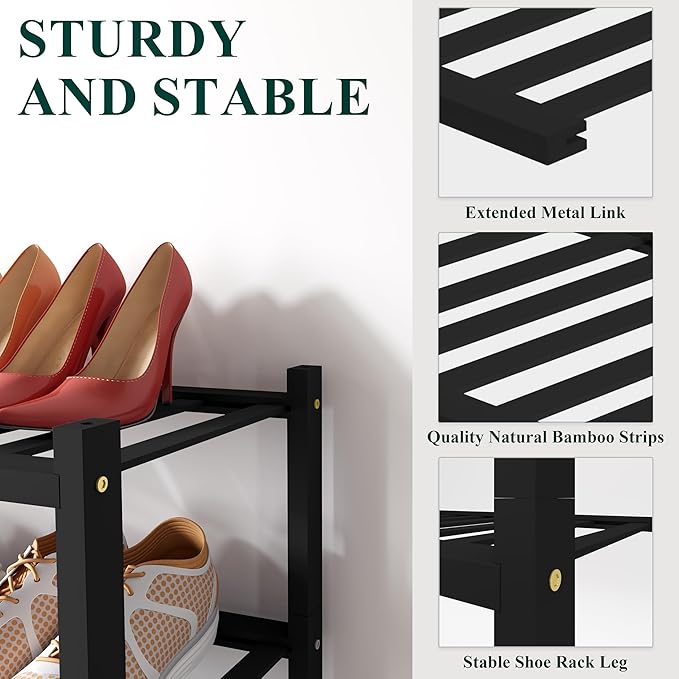 Smiry Bamboo Shoe Rack for Closet, 2 Tier Wooden Stackable Shoe Organizer, Free Standing Shoes Storage Shelf for Entryway, Front Door Entrance, Black