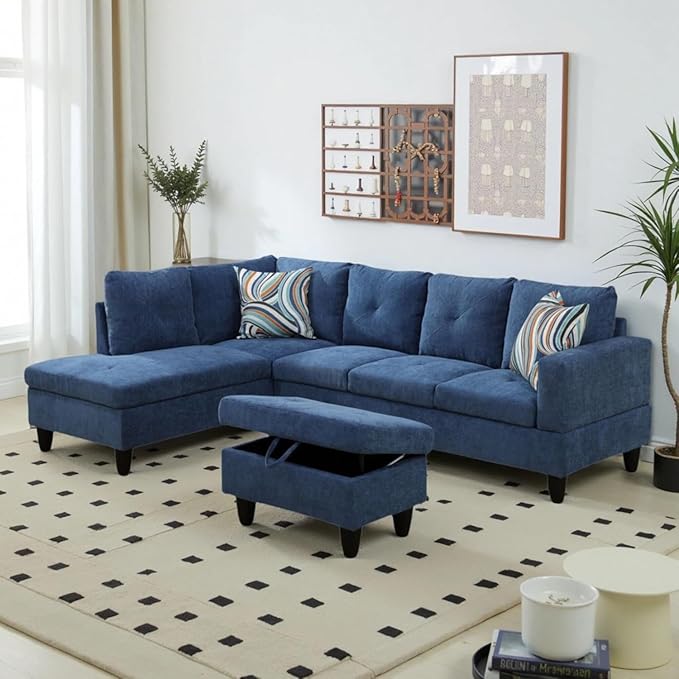L-Shaped Sectional Sofa with Movable Chaise & Storage Ottoman, Lounge 3-Piece Modular Convertible Couches for Living Room, Apartment & Office, Blue