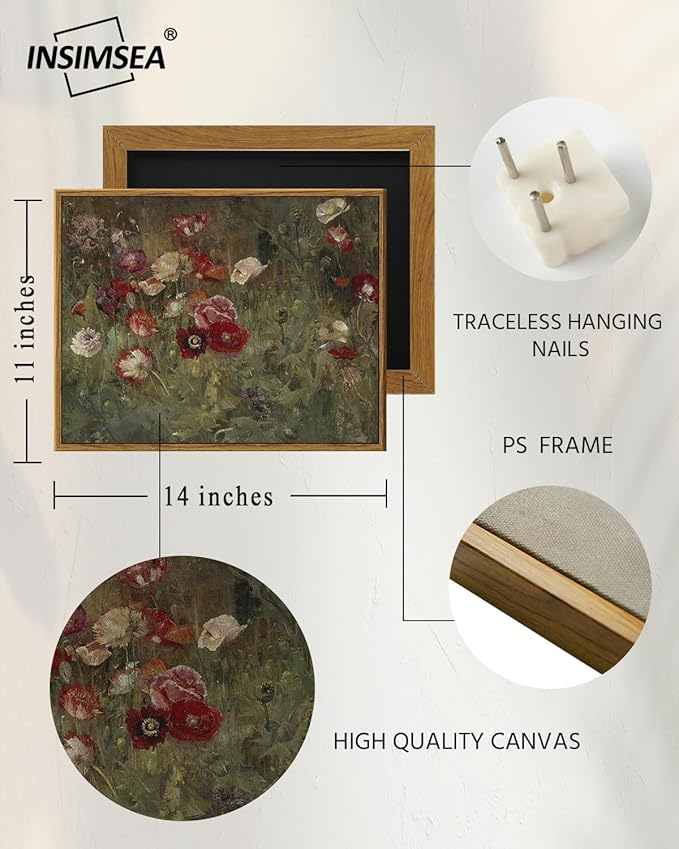 InSimSea Framed Canvas Wall Art Vintage Decor, Classical Flower Paintings Vintage Wall Art for Living Room, Retro Nature Floral Art Work Wall Decorations for Bedroom Home, 11"x14"