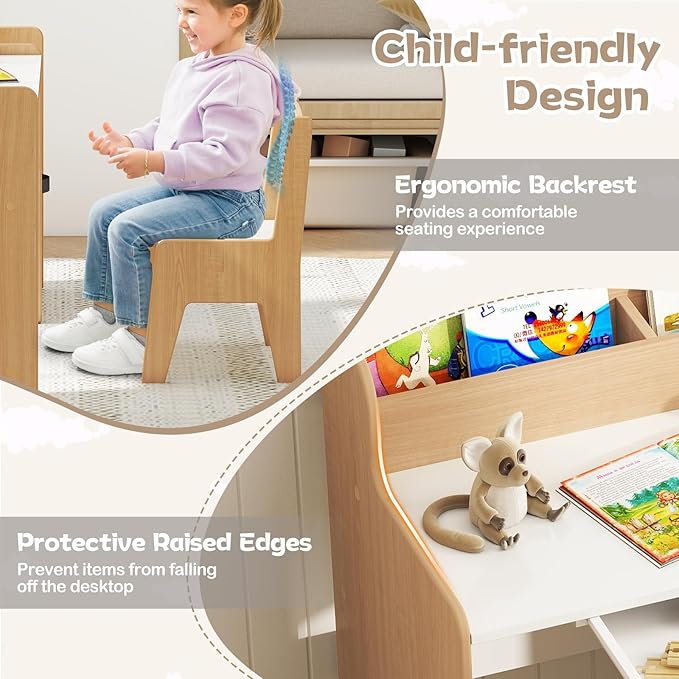 Costzon Kids Desk and Chair Set, Wooden Children Multi-Activity Table with Hutch, Bookshelf, Drawer & Fabric Storage Bin, Kids Table and Chair Set for Drawing, Writing, Crafts