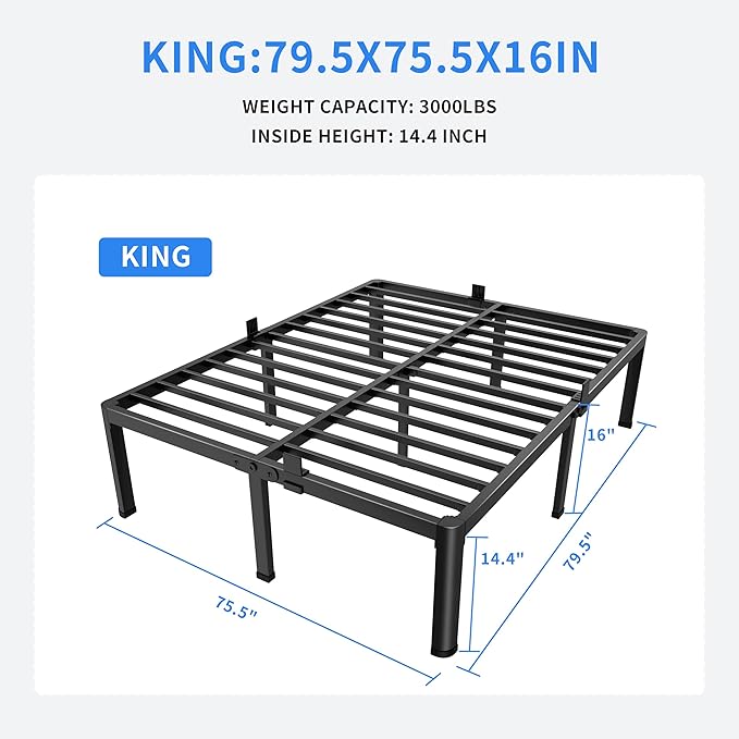 MAF 16 Inch King Size Bed Frame with Round Corner Legs Mattress Slide Stopper No Box Spring Needed Heavy Duty Metal Platform Bed Frames Under-Bed Storage Space, 3000 LBS Steel Slats Support