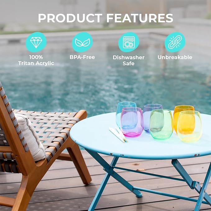 Acrylic Colored Wine Glasses Set of 6 BPA-Free Plastic, Tritan & acrylic Stemless wine glasses- Dishwasher Safe Unbreakable Glass for Indoor & Outdoor Plastic Glass for Wine & Water(Bright)