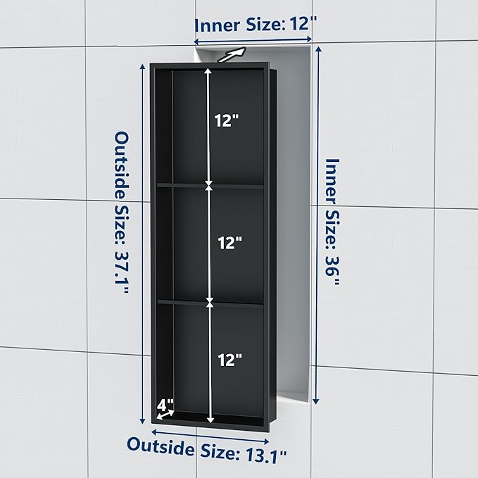 Stainless Steel Shower Niche 12" X 36", No Tile Needed Wall Niche Three-Tier, Recessed Shower Shelf for Bathroom Storage, Matte Black