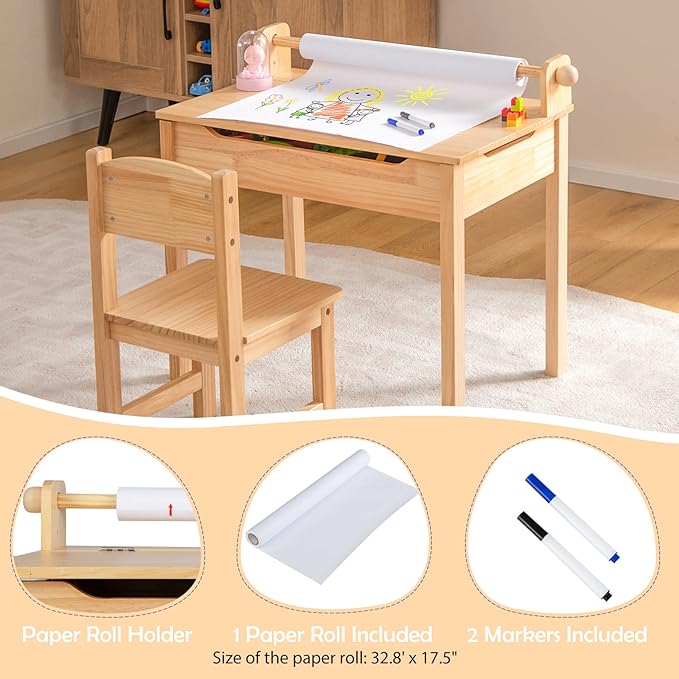 Costzon Kids Table and Chair Set, Flip Top Kids Art Craft Table w/Chair for Playroom Kindergarten, Toddler Drawing Writing Desk Set w/Paper Roll & 2 Markers, Gift for Boys Girls Ages 3+ (Natural)