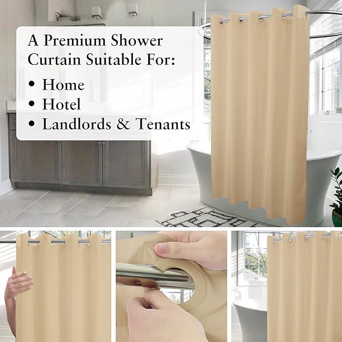 Fabric Shower Curtain No Hooks & Liner Needed - Soft Waterproof Hotel Cloth Shower Curtain Washable with Hooks Built-in, Beige, 71x74 Standard Size