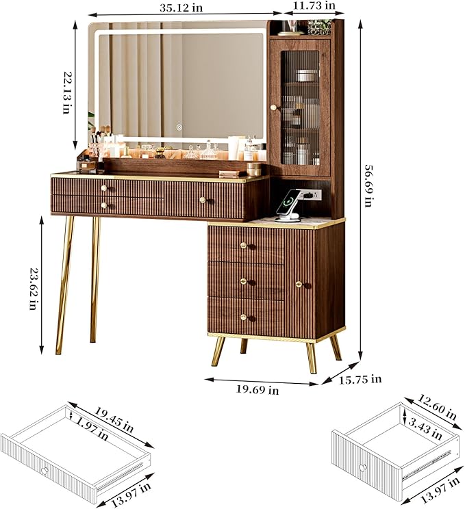 Vanity Desk with 35.12" HD Lighted Mirror, 46.85" Big Modern Vanity Desk with Mirror and Lights, Makeup Vanity with 7 Drawers and Storage Shelves and Charging Station, Walnut