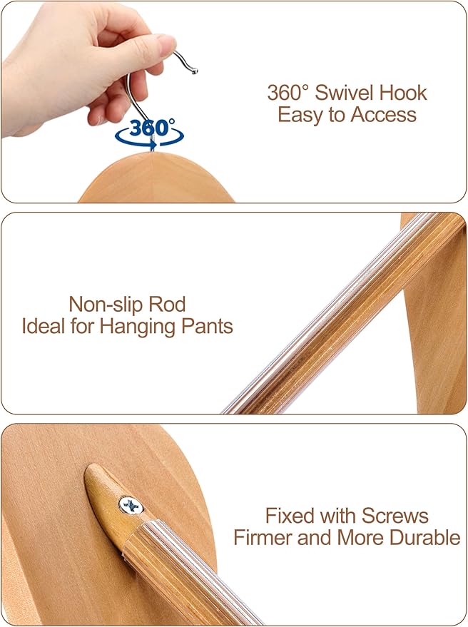 HOUSE DAY Wide Shoulder Wooden Hangers, Suit Hangers with Non Slip Pants Bar, Smooth Finish 360° Swivel Hook High-Grade Solid Wood Coat Hangers for Dress, Jacket, Heavy Clothes Hanger 6 Pack (Natural)