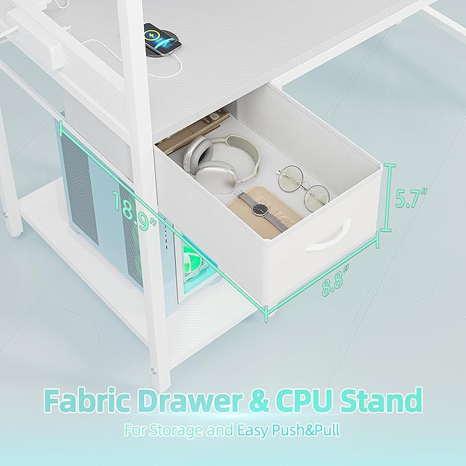 TIQLAB Gaming Desk 40 inch with Power Outlet and LED Light, Computer Desk with Reversible Shelves and Storage Drawer, Small PC Desk for Home Office Table with Bag, Carbon Fiber White