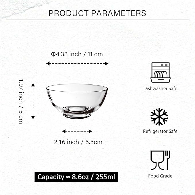 Glass Bowls Set of 6-4.5 Inch Clear Bowls - 8.6 oz Cereal Bowls for Kitchen Prep, Dessert, Ice Cream Toppings, Dips, and Candy Dishes, Dishwasher Microwave and Freezer Safe