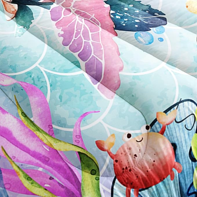 Kids Comforter Set Mermaid Scale Turtle Printed Pattern Bedding Set with 1 Comforter and 2 Pillowcases for Girls Boys Bedroom All Season(Turtle Twin)