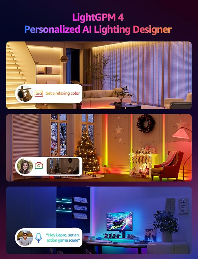 Lepro S1 AI LED Strip Lights for Christmas Decorations, 32.8ft Smart RGB Light Strips with IC and Rainbow Chasing Effects, Personalized Al Lighting Designer, No Remote, 2.4GHz Wi-Fi & Bluetooth