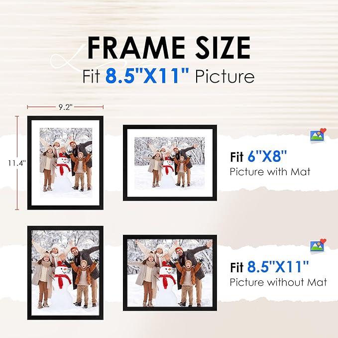 FIXSMITH 8.5x11 Picture Frame Bulk-6 Pack, Photo Frame with HD Plexiglass, Display Pictures 6x8 with Mat or 8.5x11 Without Mat, Black Picture Frames Collage Wall Decor, Gallery Wall Frame