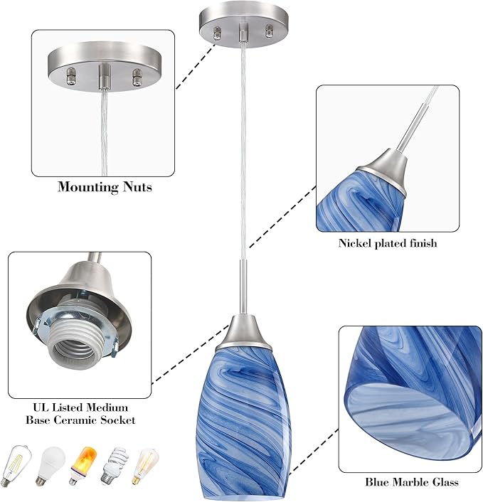 Glass Pendant Light with Handblown Dark Blue Marble Art Glass Shade Ceiling Light 3-Pack Mini Hanging Pendant Light for Kitchen Island,Dining Room,Living,Foyer,Hallway