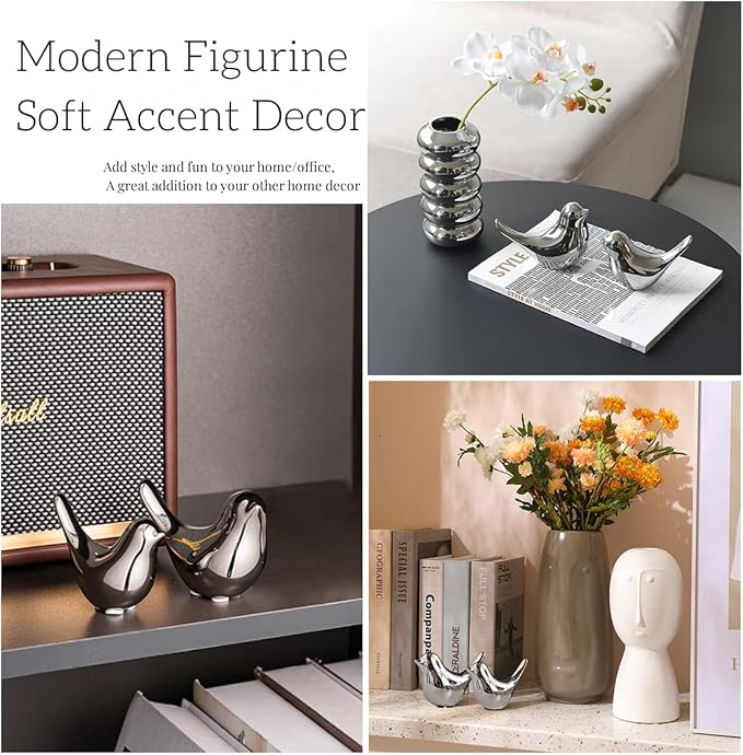 FANTESTICRYAN Small Birds Statues Gold Home Decor Modern Style Figurine Decorative Ornaments for Living Room, Bedroom, Office Desktop, Cabinets (M&L, Silver)