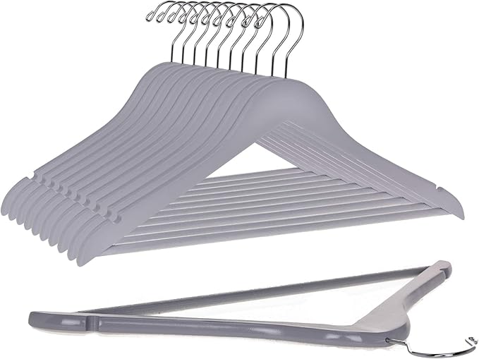 Quality Wooden Hangers - Slightly Curved Hanger Set of 10-Pack - Solid Wood Coat Hangers with Stylish Chrome Hooks - Heavy-Duty Clothes, Jacket, Shirt, Pants, Suit Hangers (Gray, 10)