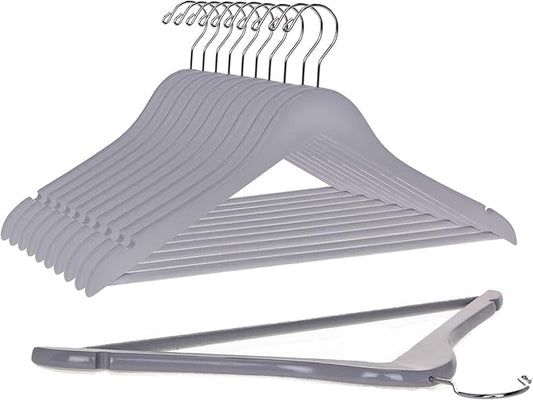 Quality Wooden Hangers - Slightly Curved Hanger Set of 10-Pack - Solid Wood Coat Hangers with Stylish Chrome Hooks - Heavy-Duty Clothes, Jacket, Shirt, Pants, Suit Hangers (Gray, 10)