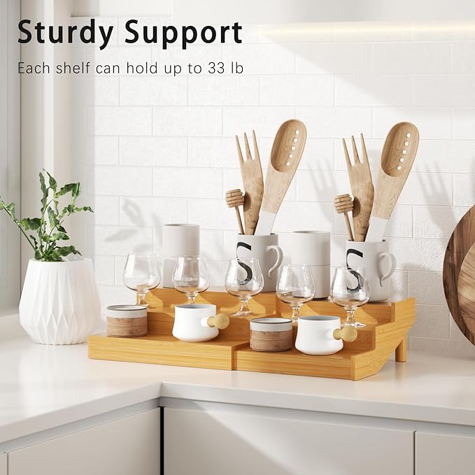 Spice Rack, Bamboo Spice Rack Kitchen Cabinet Organizer Expandable - Bamboo 3 Tier Figurine Display Shelf, Adjustable 3 Tier Spice Racks