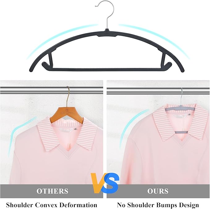 UNEED Hangers 32 Pack, Plastic Non-Slip Black Hangers, No Shoulder Bumps, Curved Design to Protect Clothes Shape (Black)