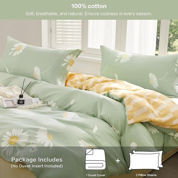 SAPHREAS White Daisy Floral King Size Duvet Cover Set 3pcs Green Bedding Comforter Cover Set 100% Cotton 1 Duvet Cover 104"x90" 2 Pillow Shams, Comforter Not Included