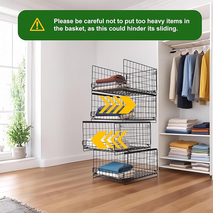 4-Tier Storage Basket, Stackable Closet Organizers, Foldable Closet Shelf Organizer System, Space-Saving, Snacks Books Clothing Towel Storage Drawer Organizer for Wardrobe Living Room Office - Black