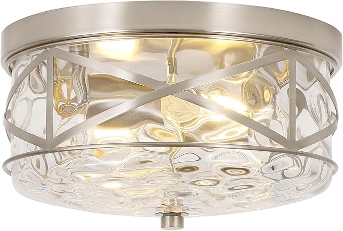 LamQee 9.8" Small Flush Mount Ceiling Light With Clear Hammered Glass, Brushed Nickel Hallway Light Fixtures Ceiling Mount for Bathroom, 2-Lights Farmhouse Close To Ceiling Light Kitchen Foyer Bedroom