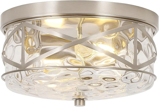 LamQee 9.8" Small Flush Mount Ceiling Light With Clear Hammered Glass, Brushed Nickel Hallway Light Fixtures Ceiling Mount for Bathroom, 2-Lights Farmhouse Close To Ceiling Light Kitchen Foyer Bedroom